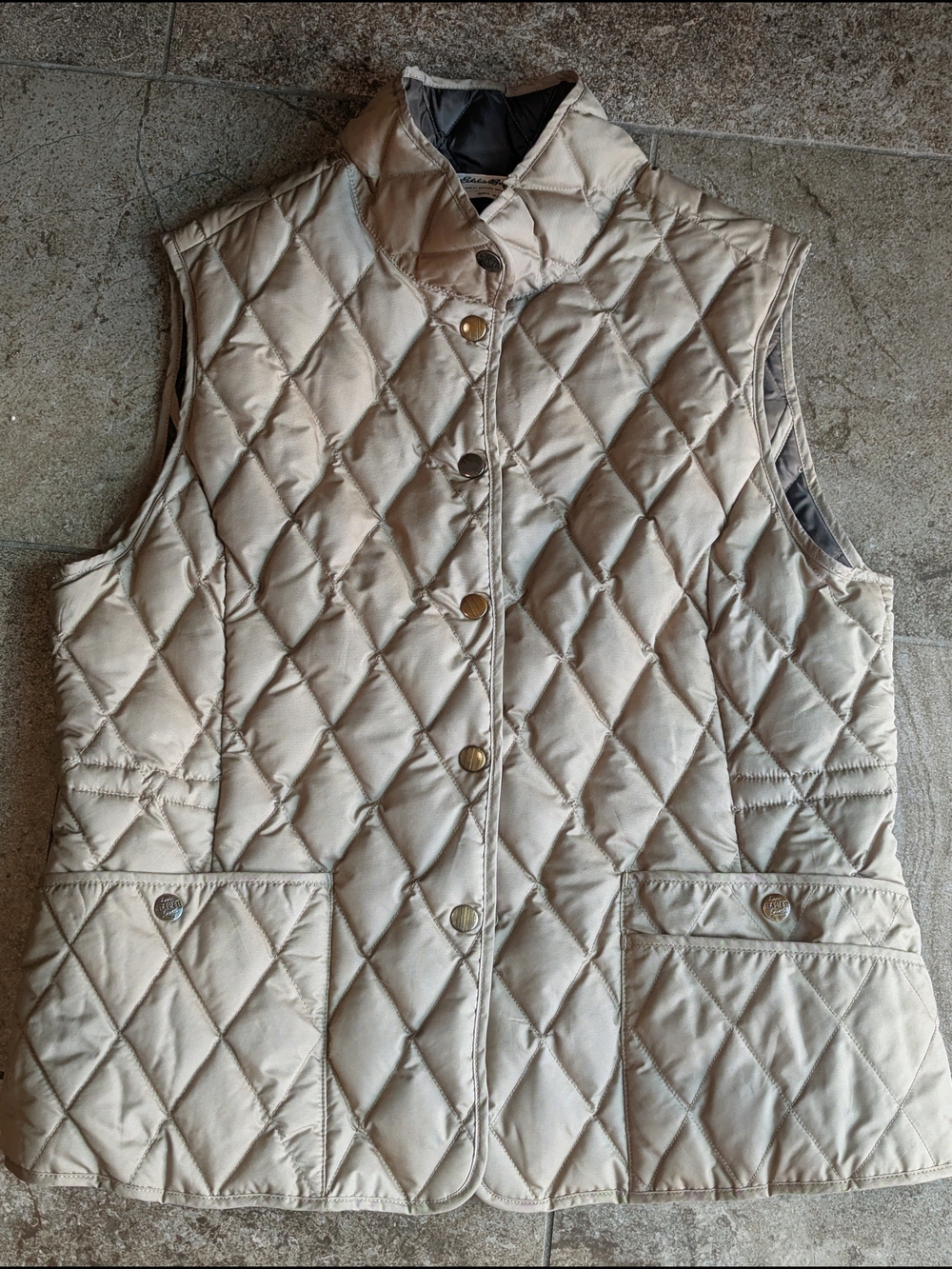 Eddie Bauer Quilted Goose Down Sleeveless Vest in Tan With Brown Interior